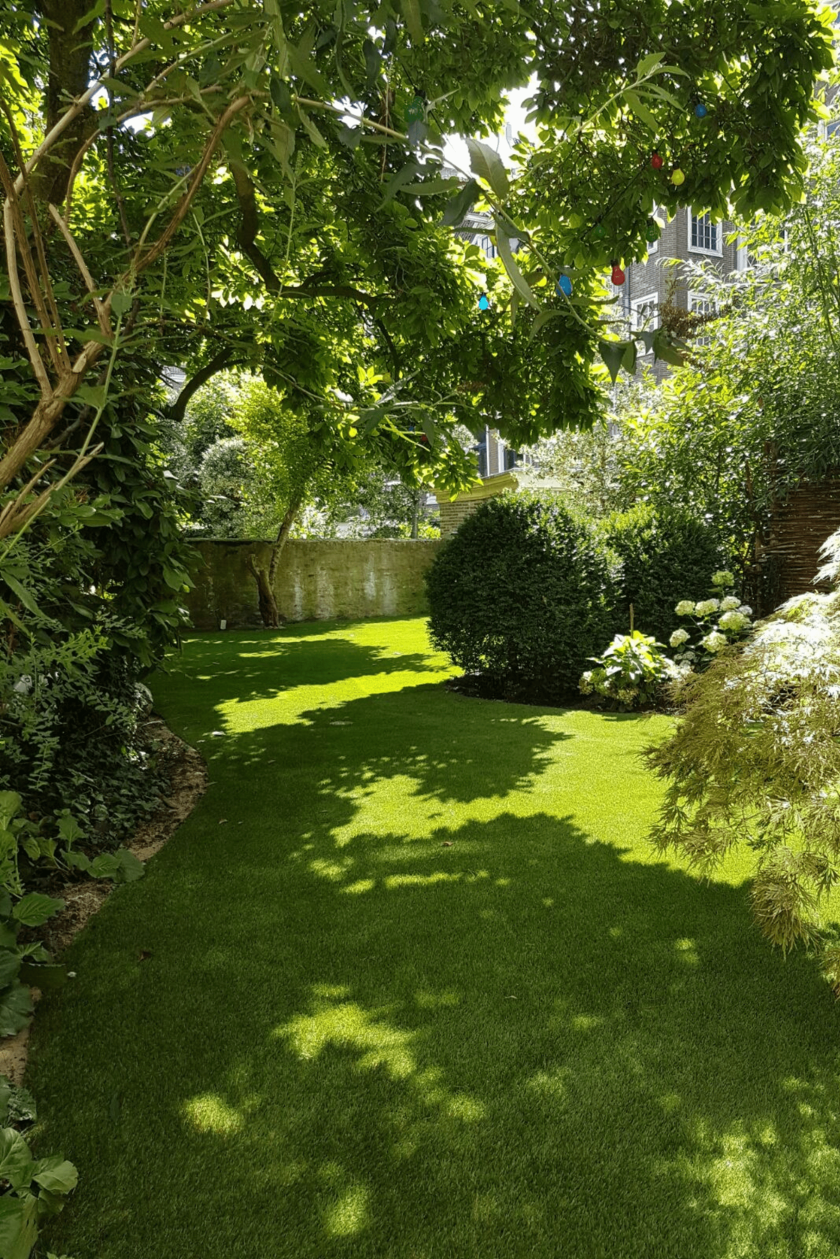 Natuurlijke stadstuin met veel groen, struiken en bomen